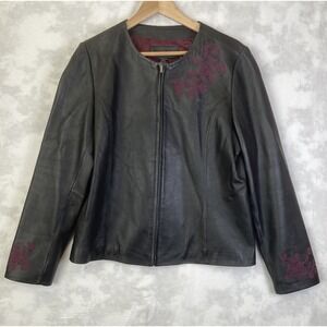 Women 100% Genuine Leather Jacket Floral Embroidered Jaclyn Smith Full Zip